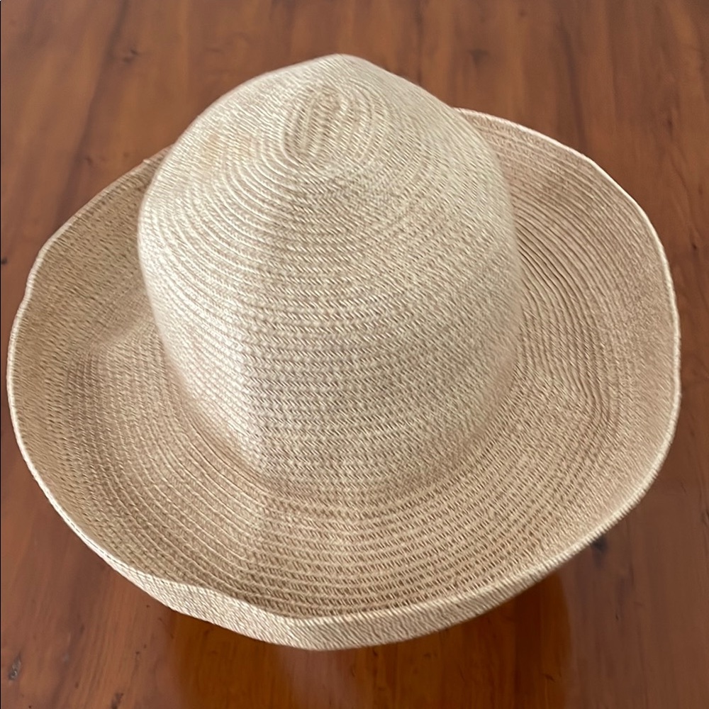 Tan Woven Sun Hat with Rounded Crown and Medium Brim